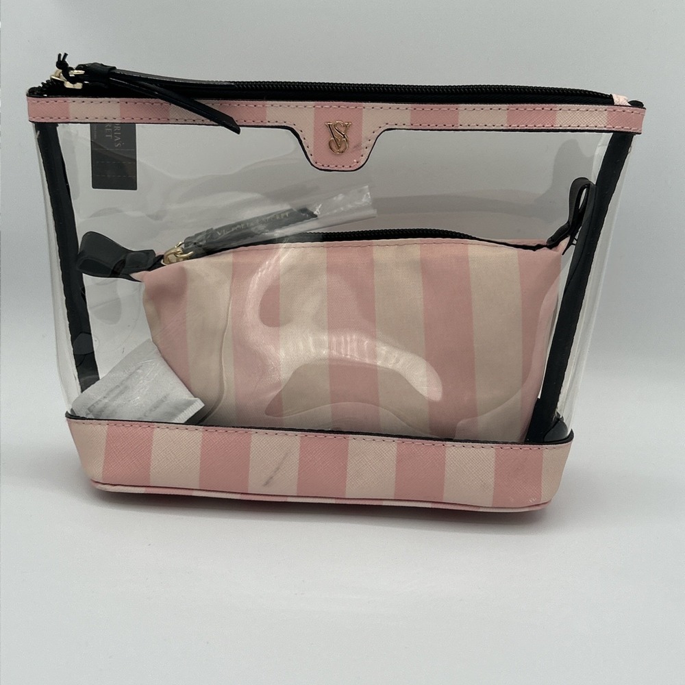 Victoria's Secret Makeup Bag 2 Piece Set Pink Iconic Stripes NEW With Tags